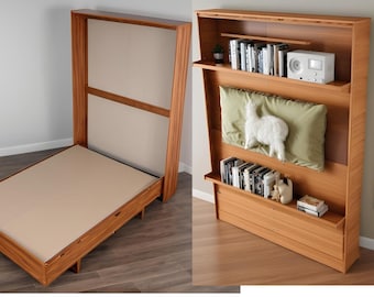 May include: A wooden wall bed in the open and closed positions. The open bed has a beige mattress and a wooden frame. The closed bed has a wooden frame with a beige panel. The bed is in a room with wooden floors.