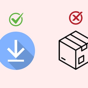 May include: An illustration with a green checkmark in a circle above a blue circle with a white downward arrow. To the right is a black and white line drawing of a cardboard box with a red X in a circle above it.