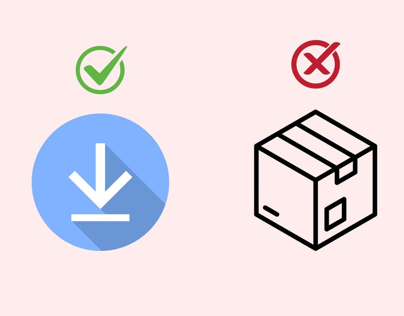 May include: An illustration with a green checkmark in a circle above a blue circle with a white downward arrow. To the right is a black and white line drawing of a cardboard box with a red X in a circle above it.