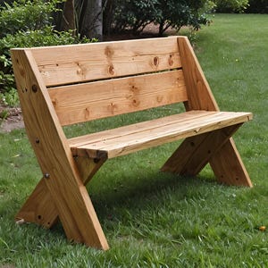 Puede incluir: Banco de jardín de madera con respaldo y asiento de listones. El banco está hecho de madera de color marrón claro y presenta un diseño de patas en forma de X. Se encuentra sobre un césped, ideal para un jardín o patio.