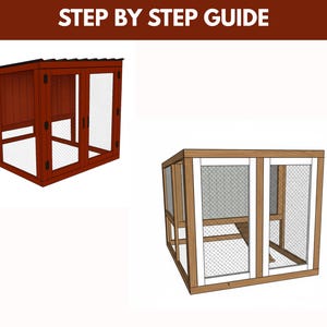 May include: Two wooden chicken coops are shown. The coop on the left is stained a reddish-brown color and has a sloped roof. The coop on the right is made of natural wood with white trim. Both coops have wire mesh and doors.