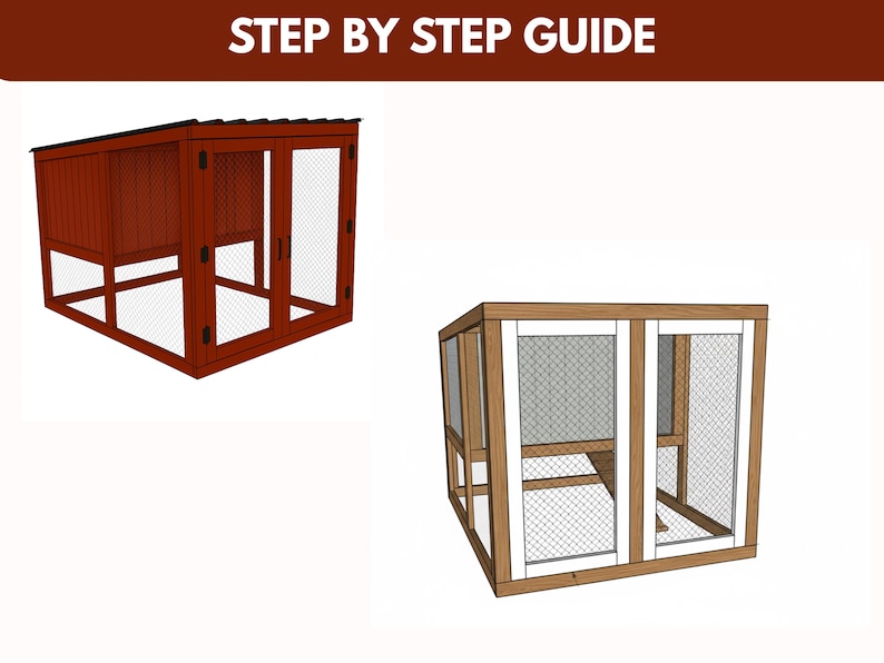 May include: Two wooden chicken coops are shown. The coop on the left is stained a reddish-brown color and has a sloped roof. The coop on the right is made of natural wood with white trim. Both coops have wire mesh and doors.