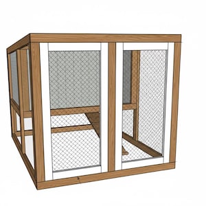 May include: A wooden chicken coop with a rectangular design. The coop features a brown frame with white trim and wire mesh panels. The interior includes a ramp and a small platform.