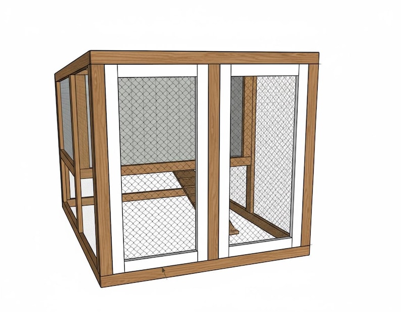 May include: A wooden chicken coop with a rectangular design. The coop features a brown frame with white trim and wire mesh panels. The interior includes a ramp and a small platform.