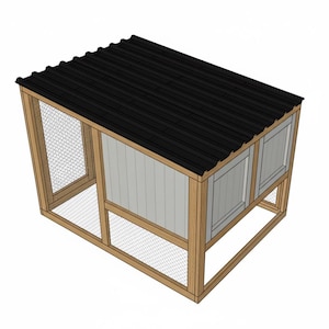 May include: A wooden chicken coop with a black corrugated metal roof. The coop has wire mesh sides and a light gray and white panel design. The coop is designed with a rectangular shape.