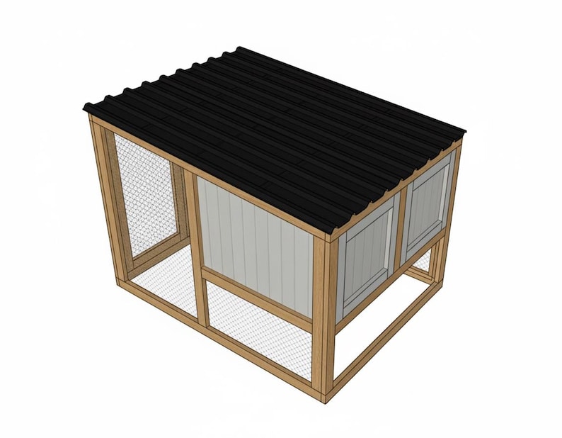 May include: A wooden chicken coop with a black corrugated metal roof. The coop has wire mesh sides and a light gray and white panel design. The coop is designed with a rectangular shape.