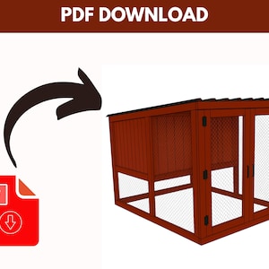 May include: A digitally rendered illustration of a wooden chicken coop with wire mesh panels. The coop is stained a reddish-brown color and has a black roof. The image includes a red PDF icon with a downward arrow and the text "PDF DOWNLOAD" at the top.