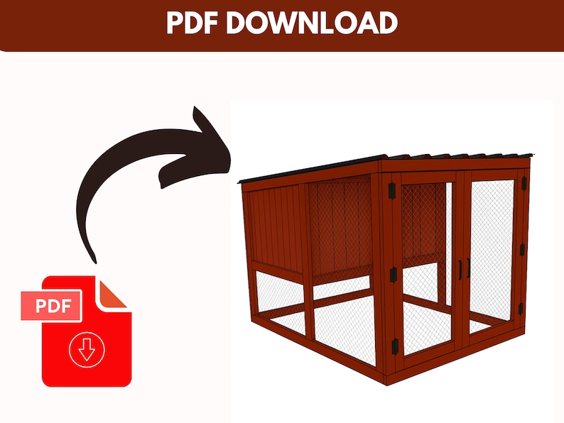 May include: A digitally rendered illustration of a wooden chicken coop with wire mesh panels. The coop is stained a reddish-brown color and has a black roof. The image includes a red PDF icon with a downward arrow and the text "PDF DOWNLOAD" at the top.
