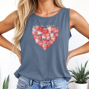 Comfort Colors Strawberry Heart Tank Top: Cottagecore Botanical Shirt