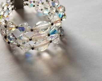 Vintage aurora borealis bracelet triple strand rhinestone clasp glimmery shimmery free shipping to USA