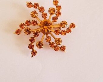 Vintage Enamel Topaz Citrine Rhinestone Flower Starburst Autumn Brass Brooch