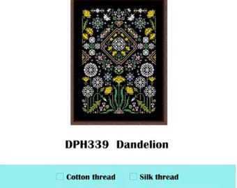 Floral Cross Stitch Kit: Dandelion & Iris, Black Canvas, Beginner DIY