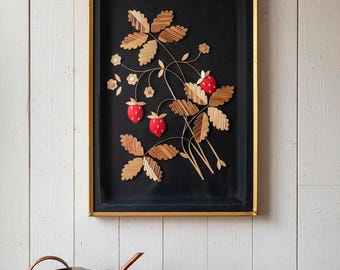 Vintage Straw Wall Hanging Wall Panel "Strawberry", Soviet Boho Decor, Rustic Kitchen USSR 1983
