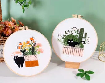 Embroidery Kit for Beginners Cat Pattern Needles Threads Instructions (No Hoop) DIY