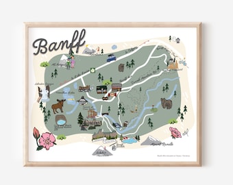 Banff , Alberta Illustrated Map, Rocky Mountains  | Nursery Room Family Trip Art Instagram Green