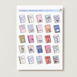 Puede incluir: Una hoja de pegatinas titulada Lindsey Hopkins Art Book Icons que presenta veinticinco ilustraciones de libros individuales. Cada libro está ilustrado en color con etiquetas de género únicas e iconos pequeños como una concha, bombilla, hoguera y corazón.