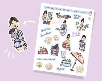 Summer at the Lake  Vacation Pepper Character Planner Sticker Sheet // Journal Calendar Sticker Kiss Cut sheet