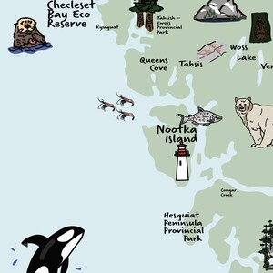 K&ouml;nnte beinhalten: Eine handgezeichnete Karte einer K&uuml;stenregion mit Illustrationen von Wildtieren wie einem Otter, einem B&auml;ren und einem Orca. Die Karte enth&auml;lt Ortsnamen wie Nootka Island, Tahsis und Hesquiat Peninsula Provincial Park, mit einem Leuchtturm-Symbol.