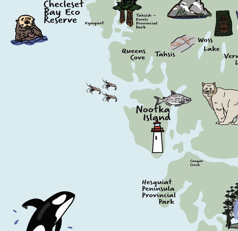 K&ouml;nnte beinhalten: Eine handgezeichnete Karte einer K&uuml;stenregion mit Illustrationen von Wildtieren wie einem Otter, einem B&auml;ren und einem Orca. Die Karte enth&auml;lt Ortsnamen wie Nootka Island, Tahsis und Hesquiat Peninsula Provincial Park, mit einem Leuchtturm-Symbol.