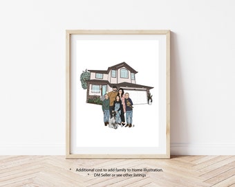 Benutzerdefinierte Familie Haus Illustration, personalisierte Haus Porträt, Digital, erstes Haus, kleines Haus, Housewarming Geschenk für neue Hausbesitzer