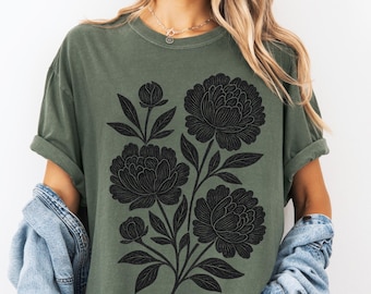 Linosnede Pioenrozen Comfort Colors T-shirt: vintage botanisch T-shirt