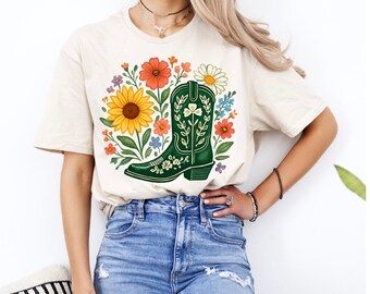 Floral Cowgirl Boots Graphic Tee: Country Concert Shirt