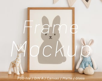 Nursery Wood Frame Mockup: DIN A4 A3, Boho Baby Room Wall Art Poster (PSD)
