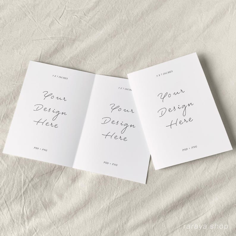 May include: A white folded card with the text "Your Design Here" on each side. The card is 3.5 x 5 inches and is on a beige fabric background.