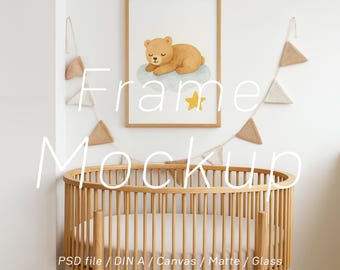 Nursery Wood Frame Mockup: DIN A4 A3, Scandinavian Baby Room Wall Art Poster (PSD)