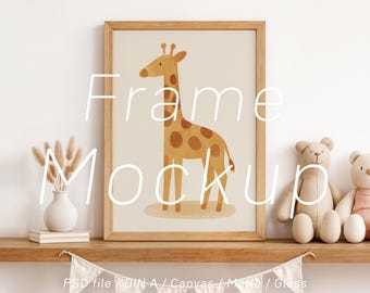 Nursery Boho Wood Frame Mockup: DIN A4 A3, Kids Room Wall Art Poster (PSD)