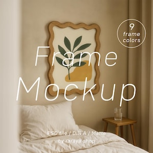 May include: A framed art mockup with a beige background. The frame is a light wood color with a wavy edge. The art print features a green leaf design and a yellow shape. Text on the image reads "Frame Mockup" and "9 frame colors".