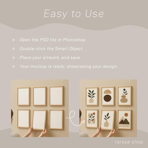 May include: A mockup showing how to use a digital download of a set of six minimalist abstract wall art prints. The prints are in a neutral color palette of brown, beige, and white. The prints are in wooden frames and are arranged in a grid pattern on a wall. The image shows how to easily replace the placeholder images with your own artwork.