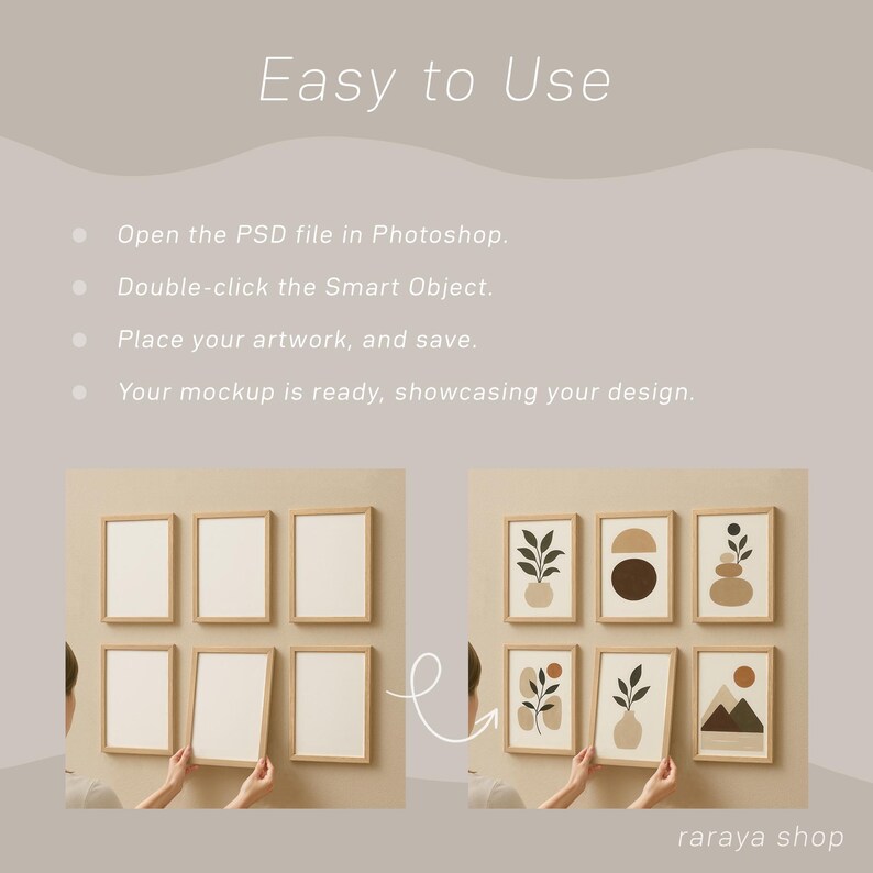 May include: A mockup showing how to use a digital download of a set of six minimalist abstract wall art prints. The prints are in a neutral color palette of brown, beige, and white. The prints are in wooden frames and are arranged in a grid pattern on a wall. The image shows how to easily replace the placeholder images with your own artwork.