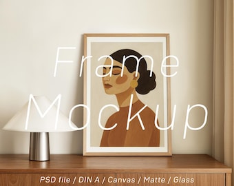 Japandi Neutral Frame Mockup: DIN A4 A3, Beige Wall Art Poster on Dresser (PSD)