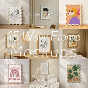 Peut inclure: Plusieurs cadres photo aux bords ondulés de différentes couleurs, présentant différents styles artistiques. Les cadres sont affichés sur des murs, certains comportant des illustrations et du texte. L'image comprend le texte "Multiple Frame Colors", "15 Wavy Frame Mockups" et "Follow the Rainbow".