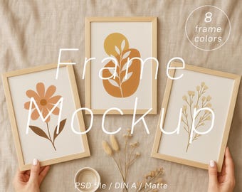 Gallery Wall Frame Mockup: 3 Frames, A4 A3 Boho Table, 8 Colors (PSD)