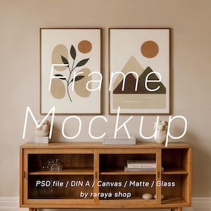 May include: A frame mockup featuring two framed art prints with abstract designs in beige, brown, and black. The frames hang above a wooden cabinet with glass doors. The text "Frame Mockup" is overlaid on the image, along with product details.