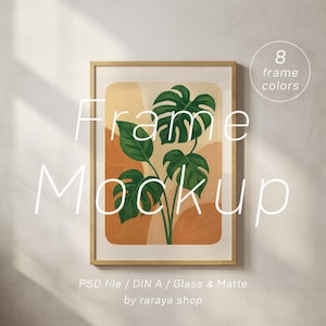 Wood Frame Mockup 8 Color Options, Thin Hanging Wall with Glass Reflection, PSD DIN A2 A3 A4 Minimal Template, Boho CloseUp Poster Photoshop
