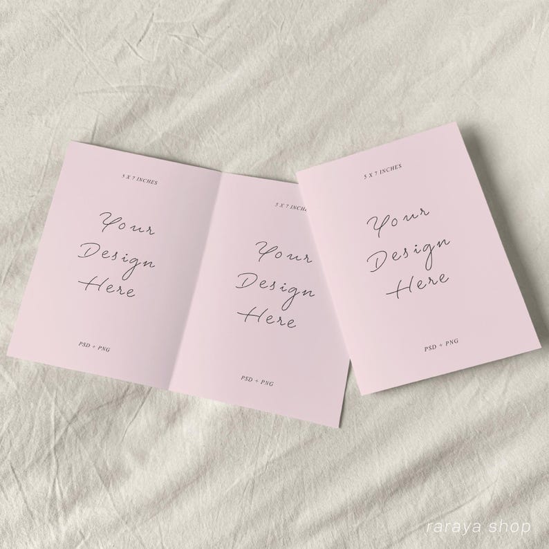 May include: A tri-fold card mockup with a pink background. The card is 3.5 x 5 inches and has the text "Your Design Here" on each panel. The card is lying flat on a white fabric surface.