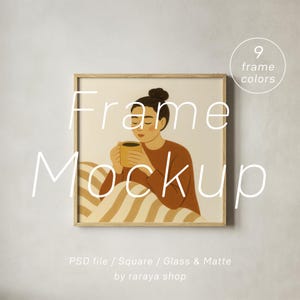 May include: Square framed art print featuring an illustration of a person holding a yellow mug. The person is wearing a brown shirt and is in bed with striped bedding. The text "Frame Mockup" is overlaid on the image. The print is available in 9 frame colors.