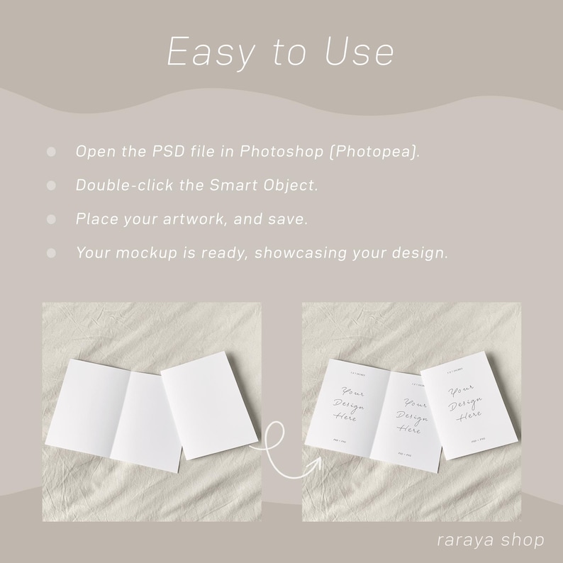 May include: Two mockups of a white booklet with the text "Your Design Here" on each page. The mockups are on a white fabric background.