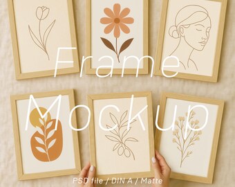 Boho Wood Frame Mockup Bundle: A4/A3 Vertical Gallery Wall, 6 Frames with Person (PSD)