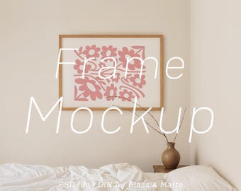 Japandi Frame Mockup: Horizontal A3 A2 Poster, Glass & Matte Wall Art PSD
