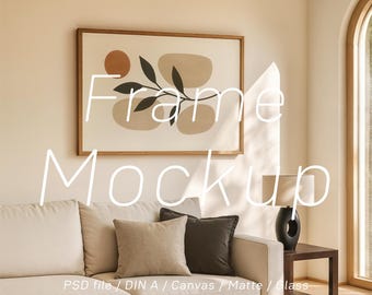 Horizontal Frame Mockup: Warm Light Minimal Landscape Wall Art Poster DIN A4 A3 PSD