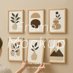 6 Frame Mockup Set with Person, Multiple Gallery Wall, Minimal A4 A3 Boho Wood Frames, Vertical PSD Poster Mockup, DIN A Photoshop Template