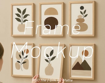 Gallery Wall Mockup: 6 Boho Wood Frames, Vertical Poster PSD Template