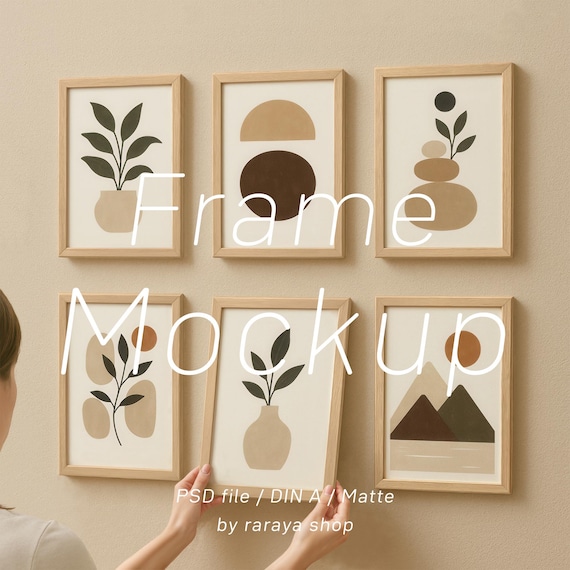 Gallery Wall Mockup: 6 Boho Wood Frames, Vertical Poster PSD Template