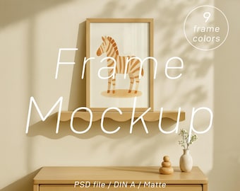 Kinderzimmer Holzrahmen Mockup A4 A3 Poster PSD, 9 Rahmenfarben Wandkunst