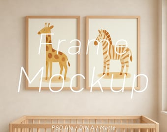 Nursery Frame Mockup Set: 2 Frames, A4 A3 Wood Poster PSD Wall Art