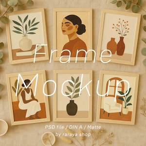 6 Frame Mockup with Person, Gallery Wall Art Bundle of Six, Minimal A4 A3 Boho Wood Table Display, DIN A PSD Poster Mockup for Photoshop
